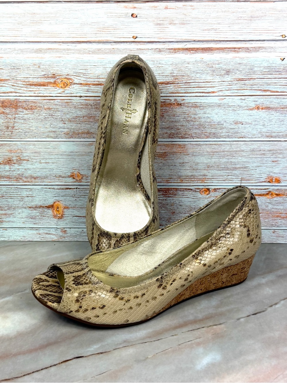 Cole Haan Tali Beige Snake-Print Leather Peep-Toe Cork Wedges Nike Air Insoles